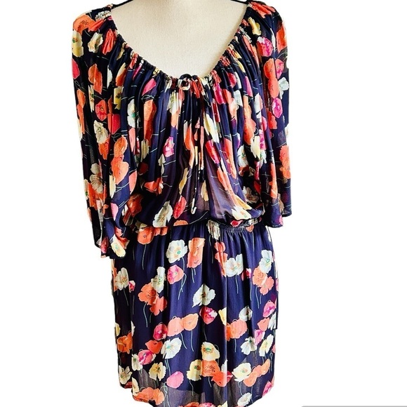 Topshop Dress Blue Coral Floral Flutter Sleeve Elastic Waist Off Shoulder size 6 - Picture 1 of 16